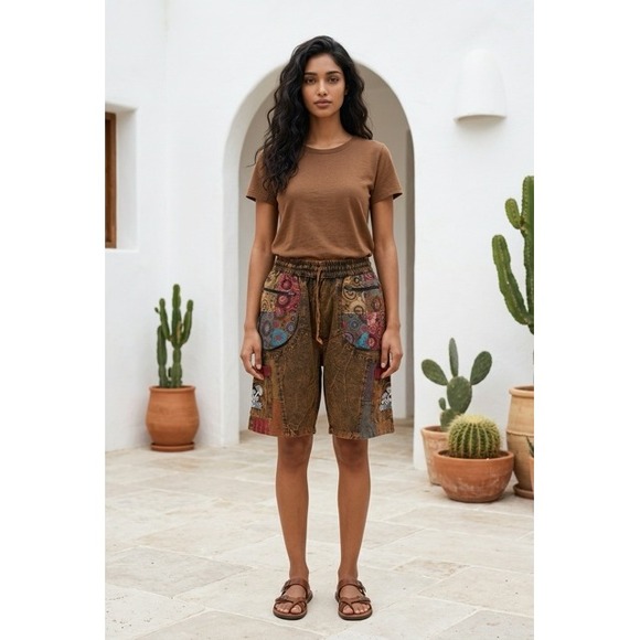 Rising International Pants - Rising International Boho Patchwork Mushroom Shorts XL Brown Acid Wash NWT